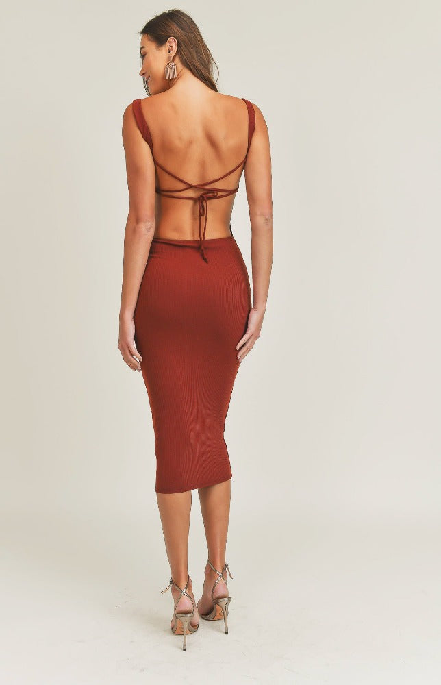 The Ariella Ribbed Backless Bodycon Dress in brown is one of the best things we've ever showcased! This soft and stretchy ribbed knit fabric dress has a high square neckline and a curve-hugging silhouette that falls to a mini hem. Adjustable spaghetti straps meet in the middle across a wide, open back. 