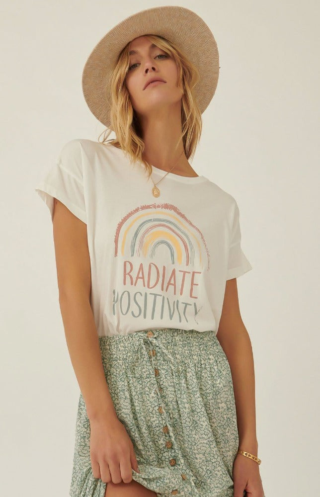 Soak up the sun in the Jenny Vintage Rainbow Radiate Positivity Graphic Tee! A garment washed graphic t-shirt with a vintage-style rainbow graphic. This shirt is sure to bring on Pair this item with the Julia wide leg pants and live free!