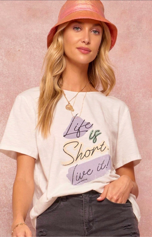 This shirt says it all. The Riley Tee is soft-to-touch and has a beautiful pastel lavender, green and yellow colored “Life is Short, Live it" statement detail. Pair with boyfriend jeans, chic sneakers and you're set to go!