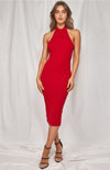 It's impossible to resist the Luna Halter Neck Dress in red. This stretchy jersey knit dress will hug each and every curve. The Luna has a tying halter neckline and a fitted, sleeveless bodice. Cutout back waist is accented by a tie back detail that tops a figure-skimming bodycon skirt with a midi hem.  